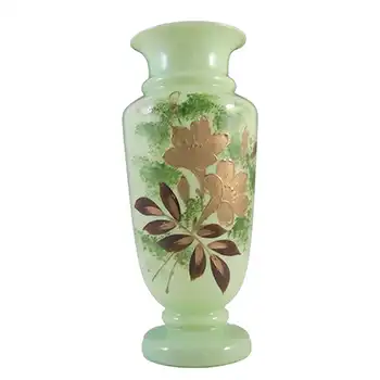 Victorian Hand Painted / Enamelled Opaque Green Glass Vase