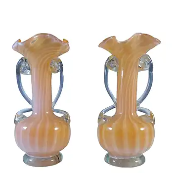 Pair of Taiwanese Orange & White Striped Glass Vases