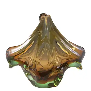 Skrdlovice #6448 Czech Amber & Green Glass Bowl by Jan Beránek