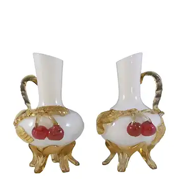 Victorian Uranium Custard Glass Cherry & Leaves Vases