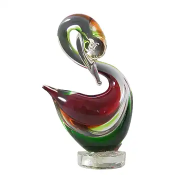 Murano Retro Green & Red Vintage Glass Swan Figurine - Label