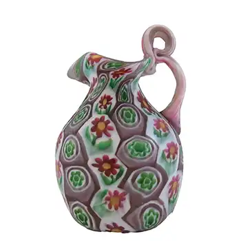 Fratelli Toso Millefiori Canes Murano Purple & Green Glass Jug