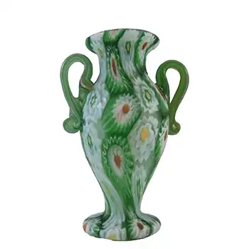 Fratelli Toso Millefiori Canes Murano Green Glass Vase