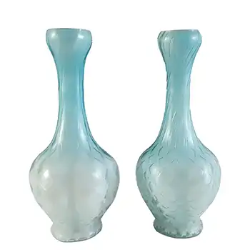 Victorian Satin Air Trap Blue & White Glass Pair of Vases