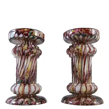 Pair of Welz Czech Honeycomb Spatter Glass Candlesticks