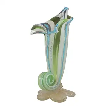 AVEM? Murano Zanfirico Blue, Green & White Glass Cornucopia Shell Vase