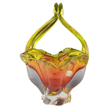 Chřibská #422/6/18 Czech Yellow & Orange Glass Basket Bowl