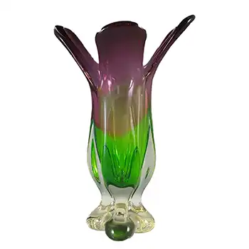 Chinese Pink & Green Glass Flower Shaped Vase, Large & Heavy