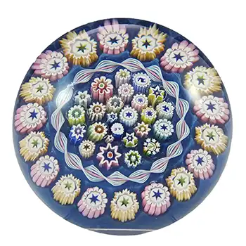John Deacons Scottish Blue Glass Millefiori Paperweight - Labelled
