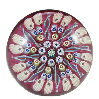John Deacons Pink Glass Millefiori Thistle Paperweight - Labelled