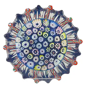 John Deacons Blue Glass Millefiori Star Paperweight - Labelled