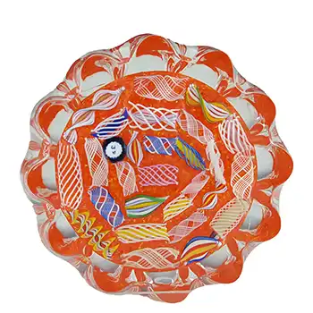 John Deacons Orange Glass Zanfirico Lace Pie Crust Paperweight - Labelled