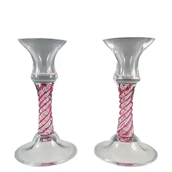 SIGNED Langham Ruby Glass 'Olde English' Candlesticks