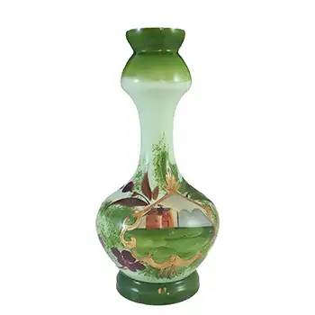 Victorian Hand Painted / Enamelled Green Glass House Vase