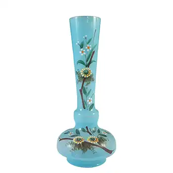 Victorian Hand Painted / Enamelled Semi-Opaque Blue Glass Vase