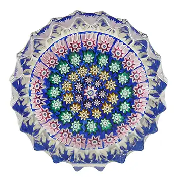 Perthshire Blue Glass Millefiori Star Paperweight - P Cane