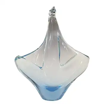 Skrdlovice #5966 Czech Blue Glass Basket Bowl by Emanuel Beránek