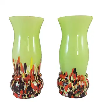 Czech Pair of Green, Red & Black Spatter Glass Vases