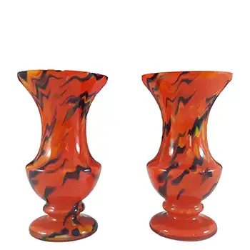 Czech Pair of Red, Orange & Black Art Deco Spatter Glass Vases