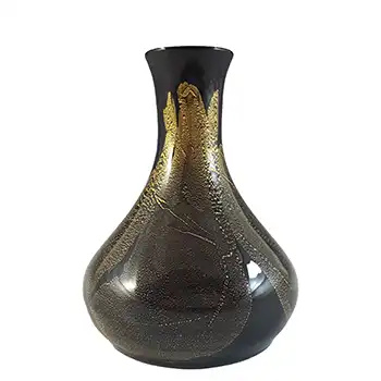 MARKED Stuart Strathearn Black & Gold Leaf Vintage Glass Vase