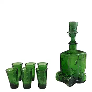 Taiwanese Empoli Style Green Glass Car Decorative Bottle & Glasses