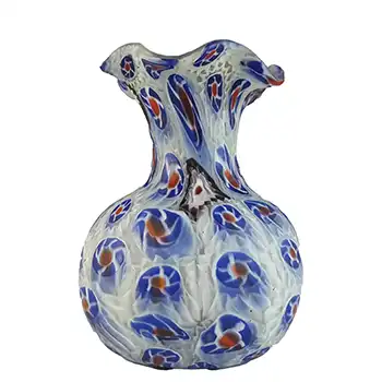 Fratelli Toso Millefiori Canes Murano Blue, White & Red Glass Vase