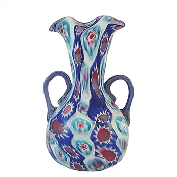 Fratelli Toso Millefiori Canes Blue, White & Red Murano Glass Vase
