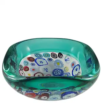 Archimede Seguso Murano Incalmo Millefiori Turquoise Square Glass Bowl