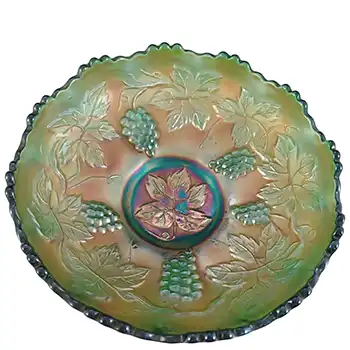 Fenton 'Berry & Leaf' Green Iridescent Carnival Glass Bowl