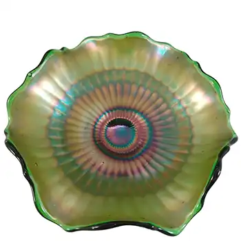 Fenton 'Pleated' Green Iridescent Carnival Glass Bowl