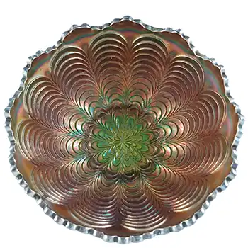 Fenton 'Peacock Tail' Green Iridescent Carnival Glass Bowl