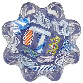 LABELLED John Deacons Blue Glass Zanfirico Lace Pie Crust Paperweight