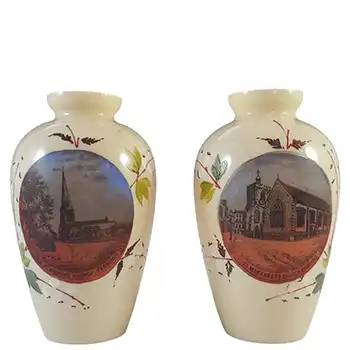 Pair of Victorian Hand Painted / Enamelled Glass Church Vases
