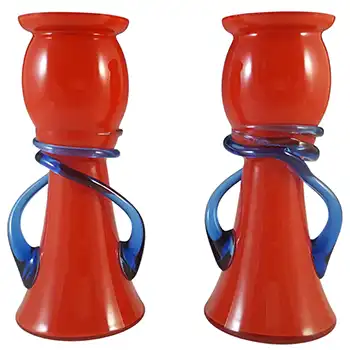 Czech / Bohemian Pair of Red & Blue Tango Glass Vases