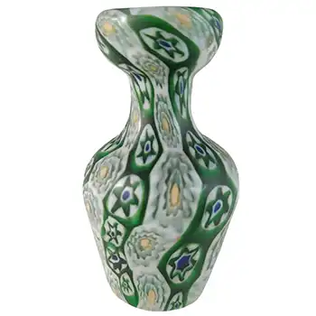 Fratelli Toso Millefiori Canes Murano Green & White Glass Vase
