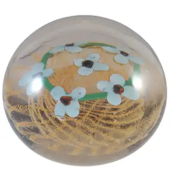 SIGNED Vasart White, Green & Orange Glass Flower Paperweight