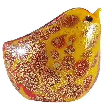 LABELLED Ferro Lorenzo Murano Yellow, Red & Gold Leaf Glass Bird