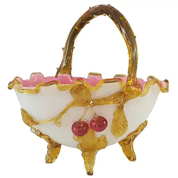 Victorian Uranium Custard Glass Amber, Red & Ivory Cherry Basket Bowl