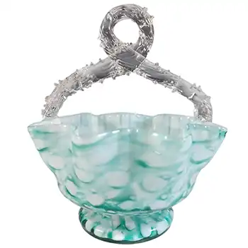 Welz Bohemian Honeycomb Green & White Spatter Glass Basket Bowl