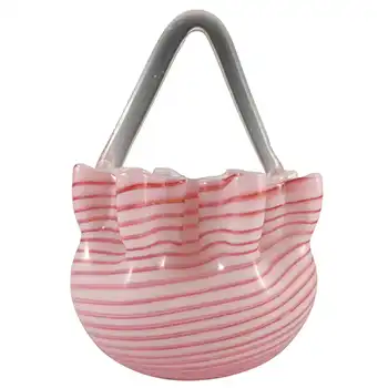 Welz Bohemian Pink & White Striped Glass Victorian Basket Bowl