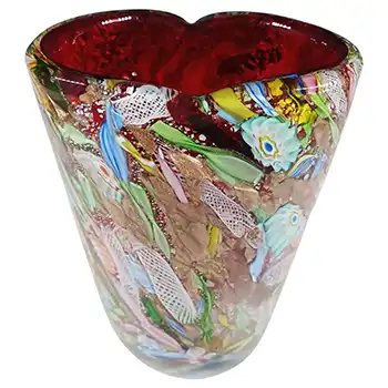 AVEM LARGE Murano Zanfirico Bizantino / Tutti Frutti Red Glass Vase