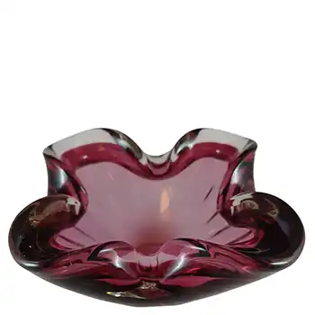 Barbini Murano Pink & Clear Glass Ribbed Biomorphic Bowl