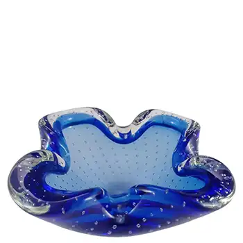 LABELLED Barbini Murano Blue & Clear Bubble Glass Biomorphic Bowl