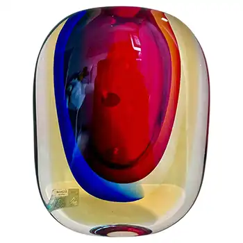 Oball / Bucella Cristalli Murano Red, Blue & Amber Sommerso Glass Vase