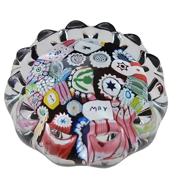 LABELLED John Deacons Black Glass Millefiori Pie Crust Paperweight