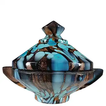 V Nason Murano Black & Blue Glass Copper Aventurine Lidded Bowl