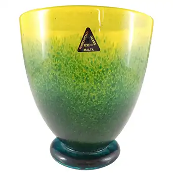 LABELLED Phoenician LARGE Vintage Yellow & Blue Glass Vase