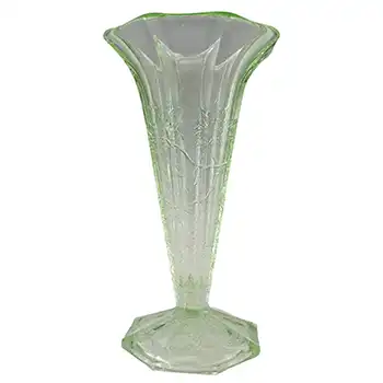 Jeannette Poinsettia Floral Uranium Green Depression Glass Vase