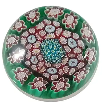 Murano Vintage Millefiori Green, Red & White Glass Paperweight