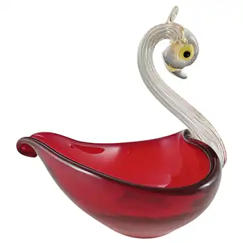 AVEM Murano / Venetian Red Glass & Gold Leaf Vintage Swan Bowl